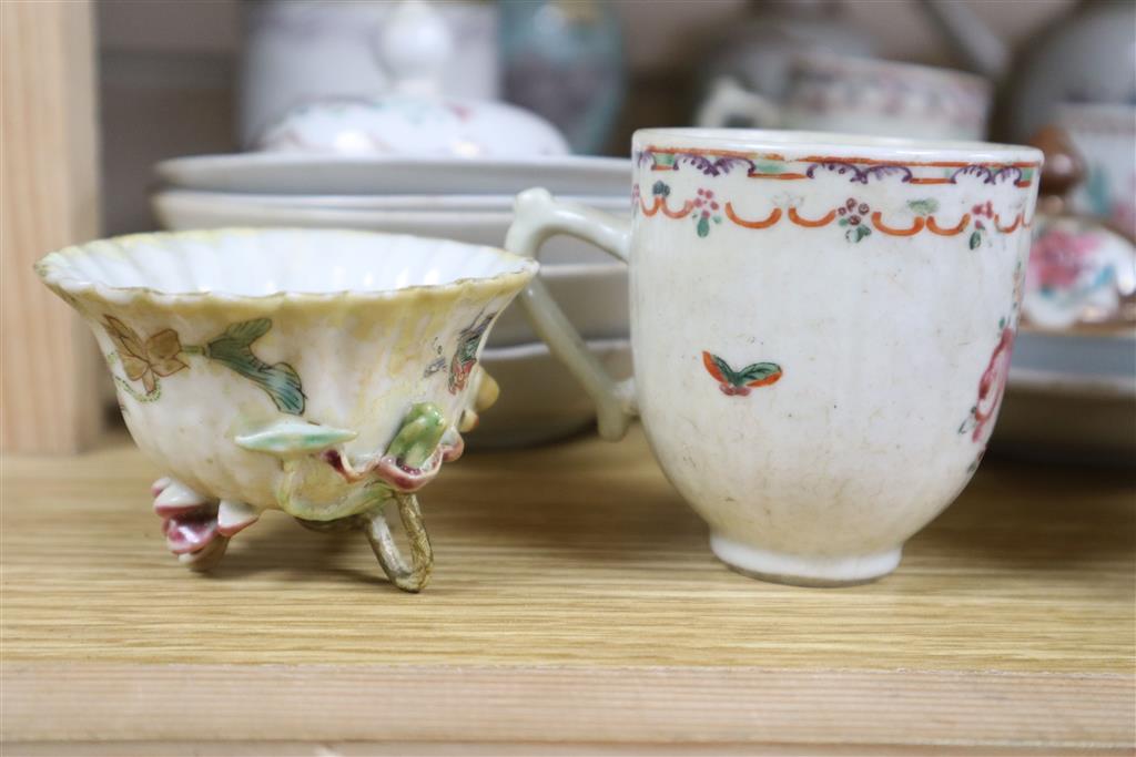 A collection of 18th century Chinese enamelled tea bowls, cups and saucers etc, mostly damaged